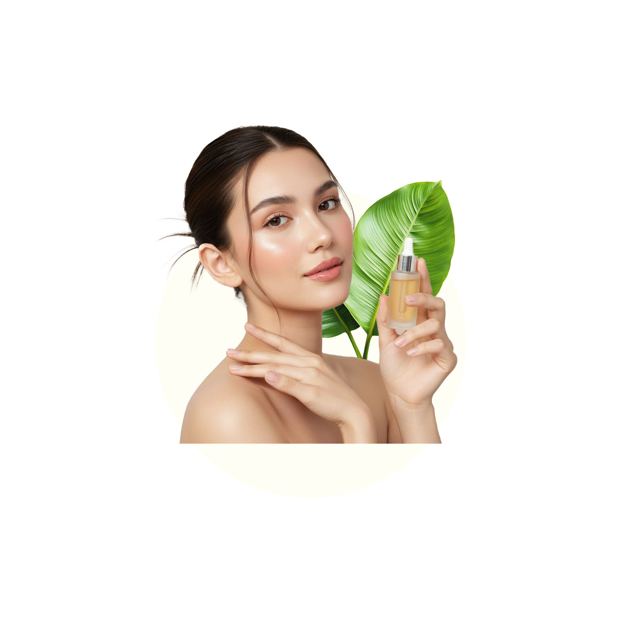 Woman holding skincare bottle with leaf
