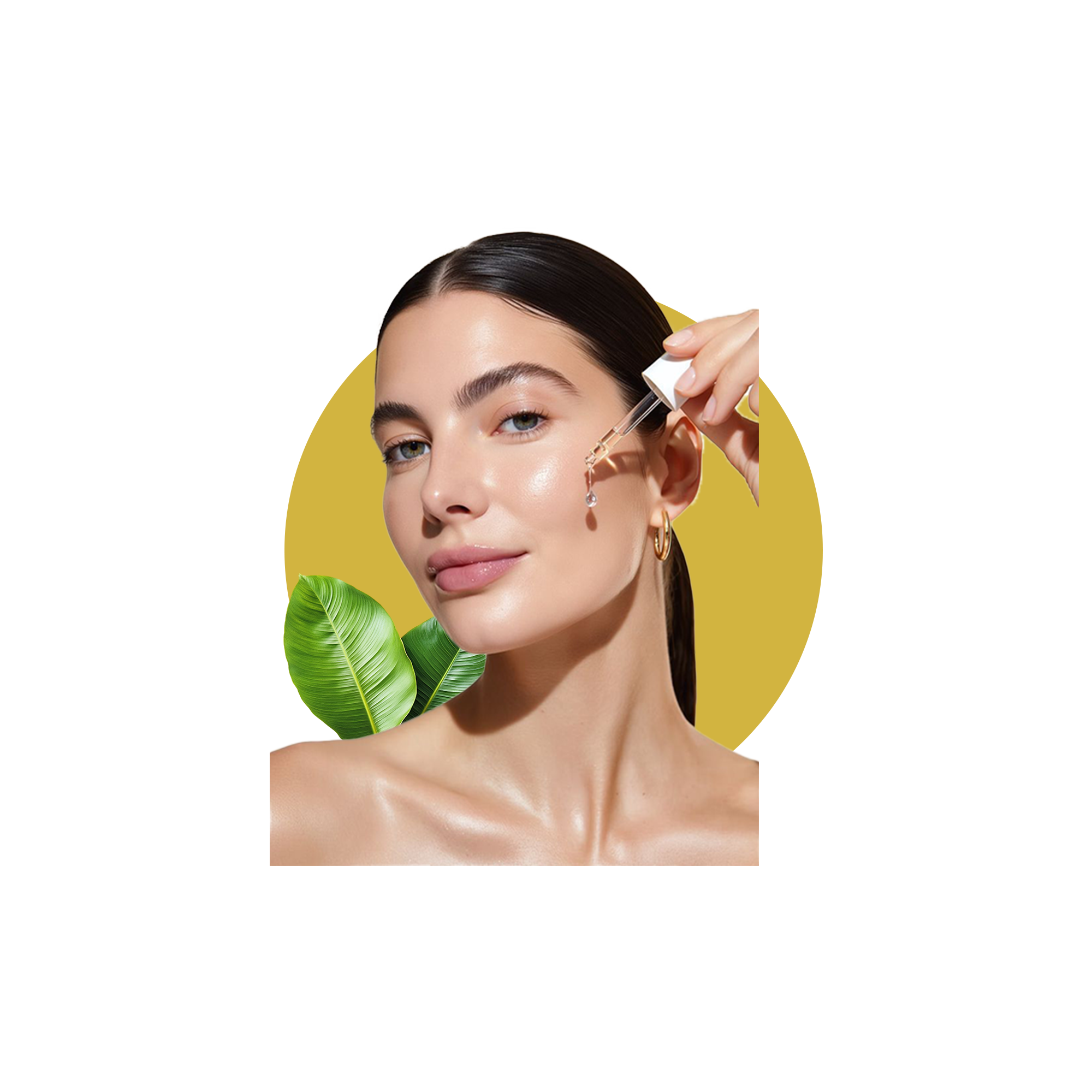 Woman using serum dropper with leaf